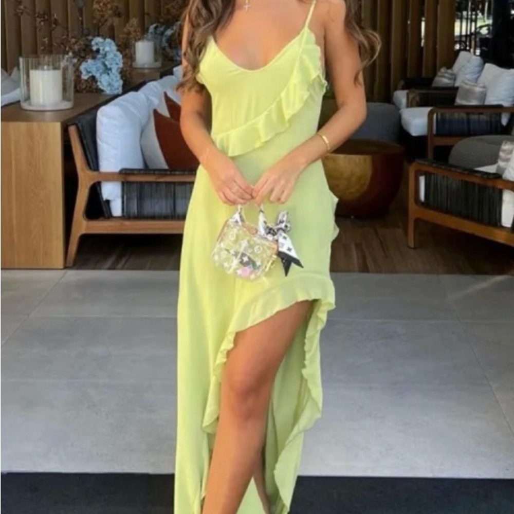 White Fox Boutique Lime Asymmetric Ruffle High-Low Maxi Dress